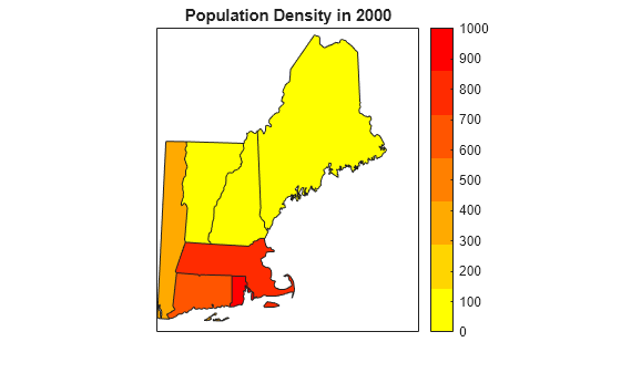 Figure contains an axes object. The axes object with title Population Density in 2000 contains 7 objects of type patch.