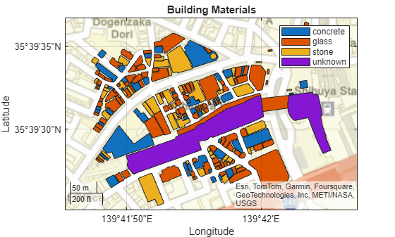 Figure contains an axes object with type geoaxes. The geoaxes object contains 4 objects of type polygon. These objects represent concrete, glass, stone, unknown.