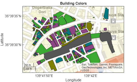 Figure contains an axes object with type geoaxes. The geoaxes object contains 5 objects of type polygon.