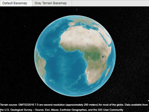 A geographic globe in a figure with two tabs, Default Basemap and Gray Terrain Basemap.