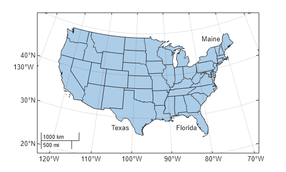 Figure contains an axes object with type mapaxes. The mapaxes object contains 4 objects of type polygon, text.