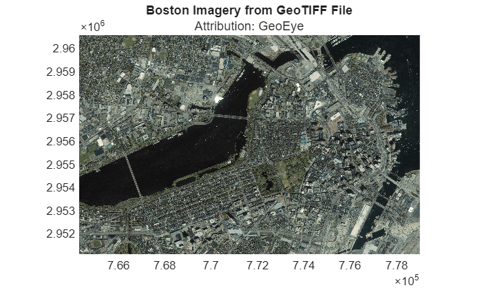 Figure contains an axes object. The axes object with title Boston Imagery from GeoTIFF File contains an object of type image.
