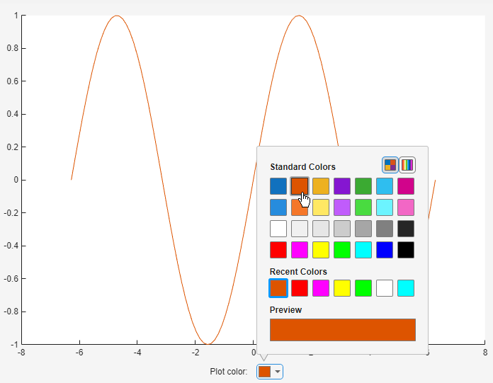 UI figure window with some plotted data and a color picker labeled "Plot color". The color picker is expanded, and the selected color matches the color of the plot.