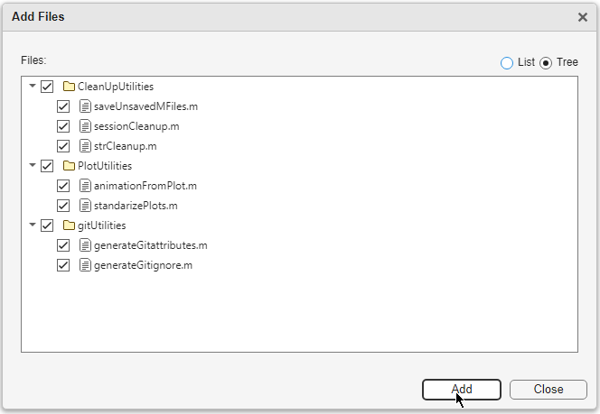 Add Files dialog box shows the list of folder and files to add on the top and the Add and Cancel buttons at the bottom.