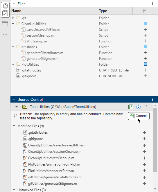 Illustration shows the Files panel on top and Source Control panel below. In the Source Control panel, the path of the repository is on top and the Commit button is below, followed by the list of modified files.
