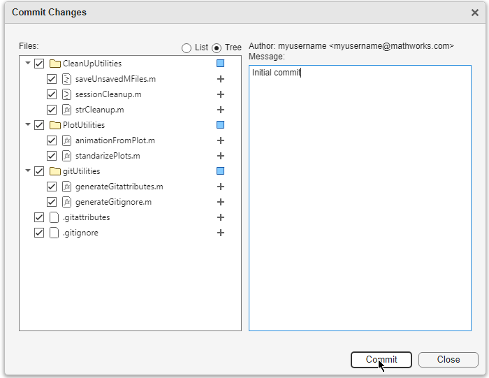 Commit Changes dialog box. The list of files is on the left, the commit message is on the right, and Commit and Close buttons are at the bottom.