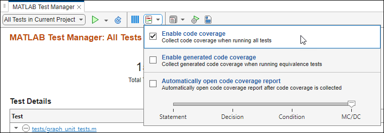 The mouse points to the Enable code coverage button, and the setting is enabled.