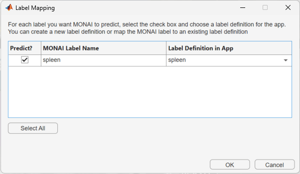 Label Mapping dialog box, showing mapping between the spleen label from the segmentation spleen MONAI Label model and the existing spleen label definition.