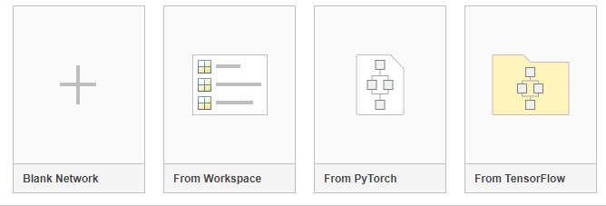 Tiles from the Deep Network Designer start page. The tiels show "Blank Network", "From Workspace", "From PyTorch", and "From TensorFlow".