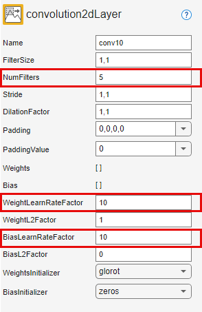 Properties of a convolution2dLayer. The NumFilters property is set to 5, and the WeightLearnRateFactor and BiasLearnRateFactor properties are set to 10.
