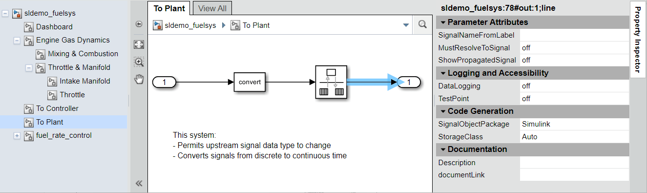 The web view model viewer pane displays the To Plant system. The input signal of the Outport block is highlighted and the object inspector pane shows the signal properties.
