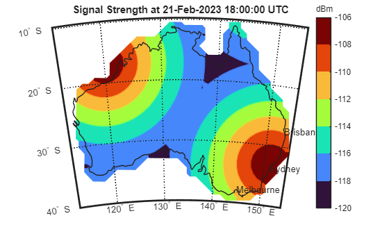 Figure contains an axes object. The hidden axes object with title Signal Strength at 21-Feb-2023 18:00:00 UTC contains 28 objects of type patch, line, text.