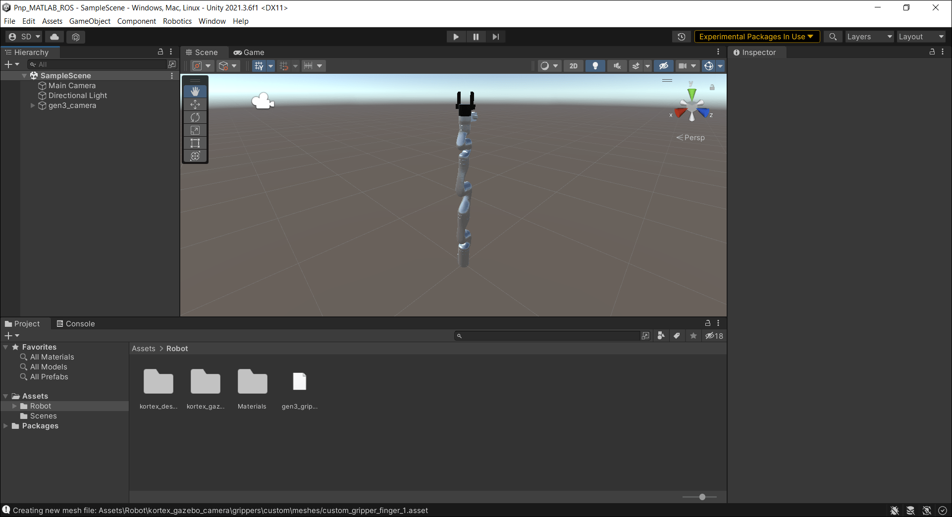 Screenshot of robot URDF imported into Unity