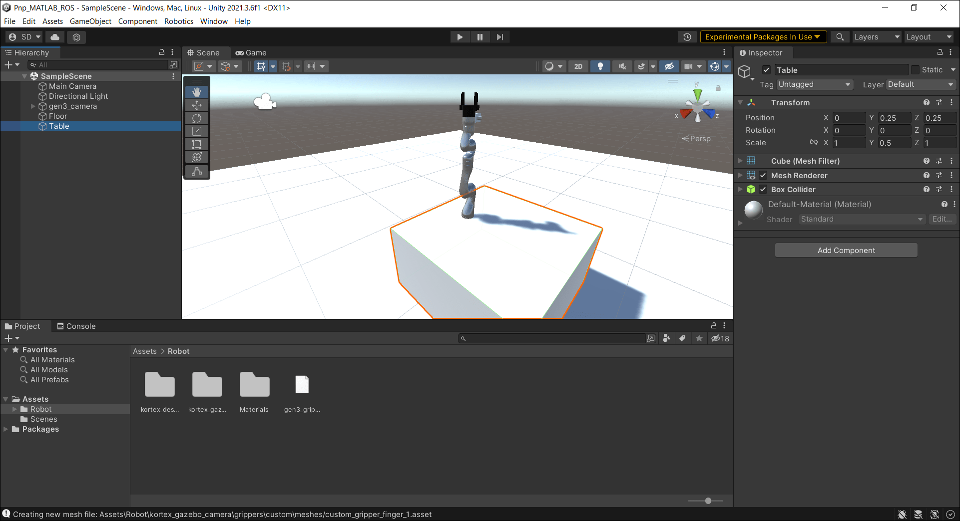 Screenshot of setting up scene in Unity by adding table for pick-and-place workflow