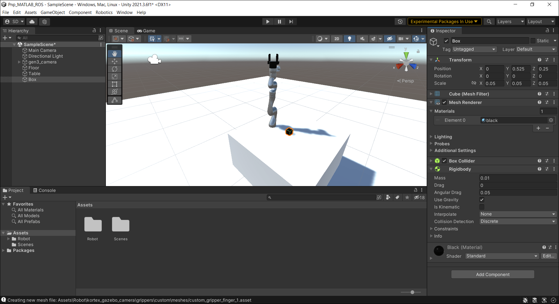 Screenshot of setting up scene in Unity by adding box for pick-and-place workflow