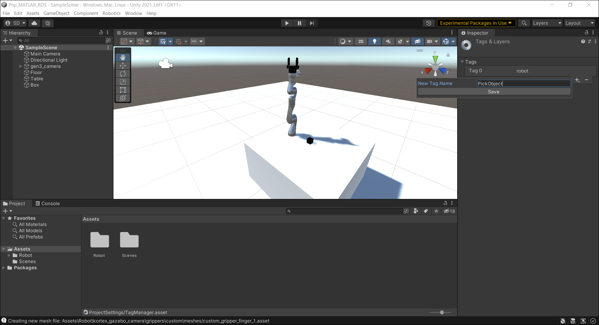 Screenshot of adding tag to box in Unity scene