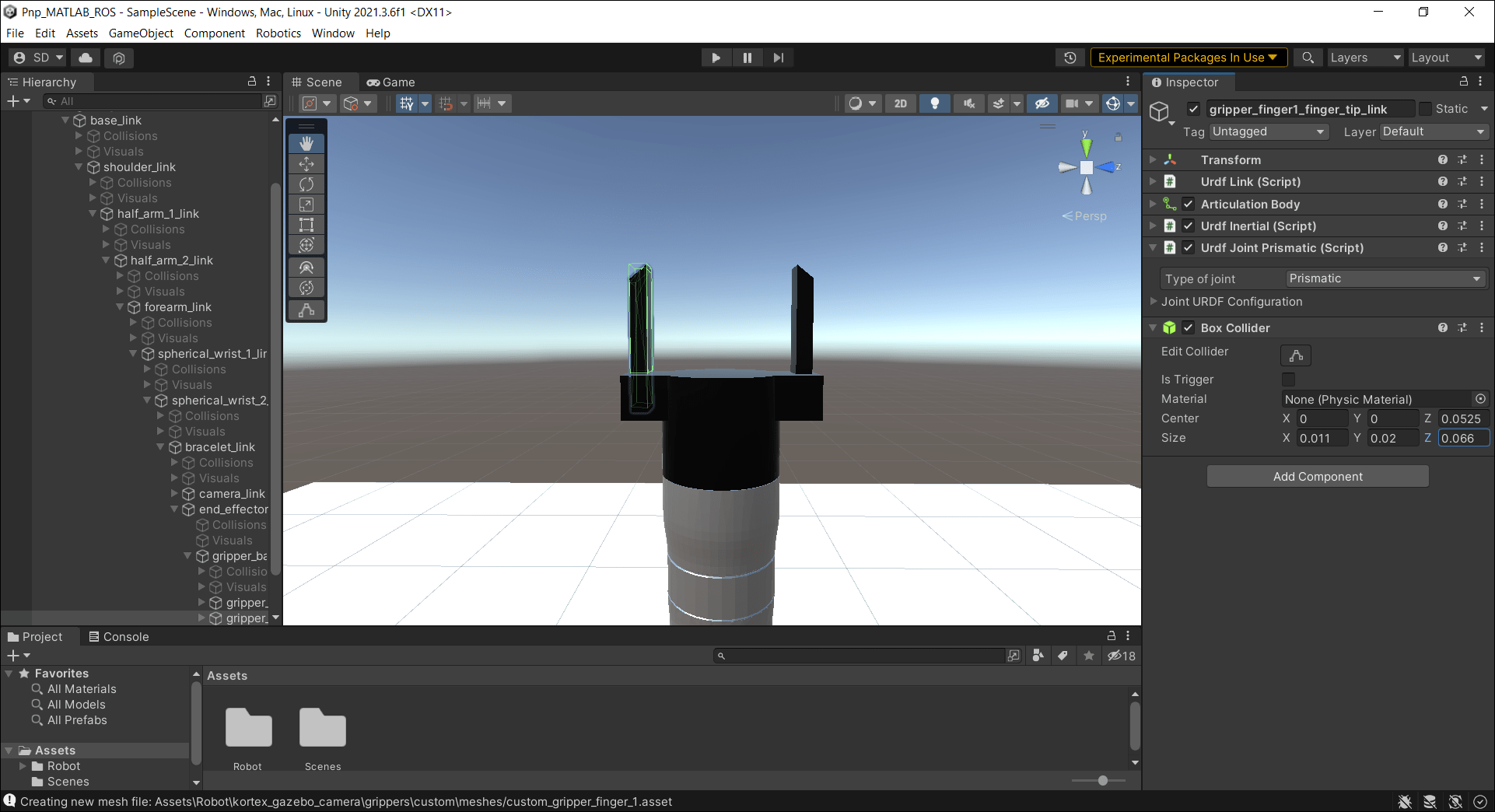 Screenshot of adding collision boxes to the gripper fingers of the robot model in Unity