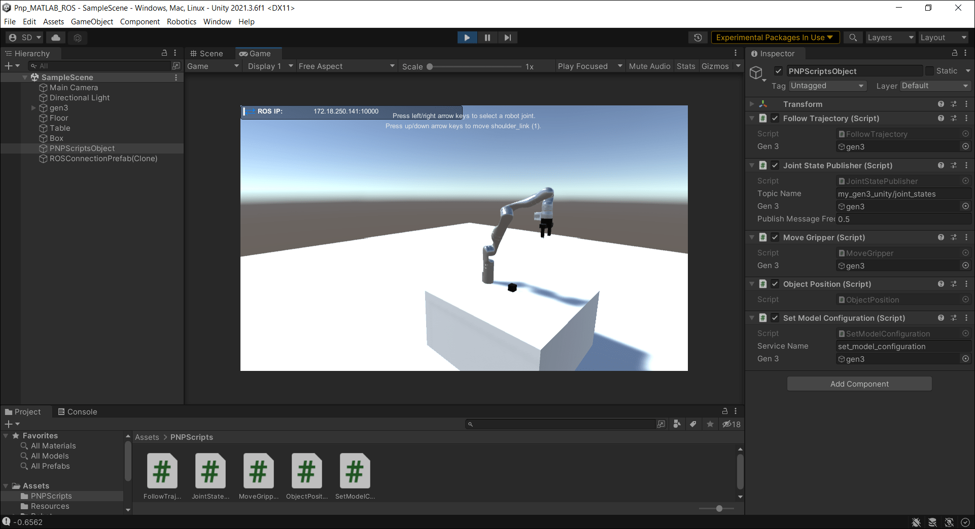 Screenshot of verifying that the robot model has moved to the specified position in Unity scene