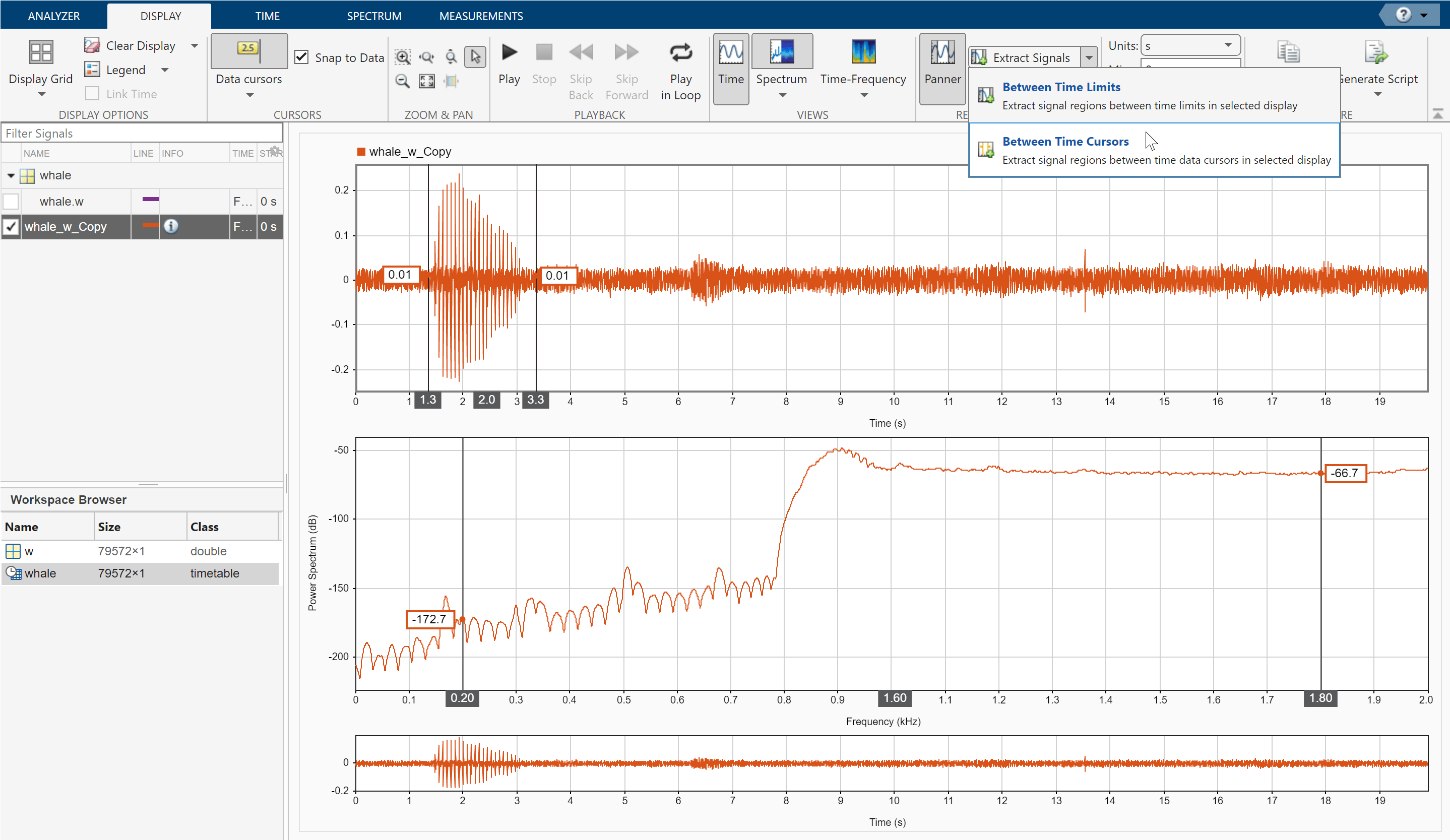 Signal Analyzer app showing data cursors in the signal plots in time domain and frequency domain. The app also shows the Panner setting selection "Between Time Cursors".