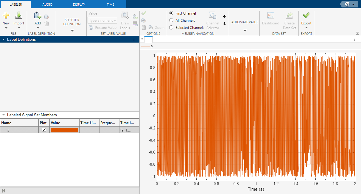 Signal Labeler app showing time domain representation of the signal. No atoms are visible in this view.