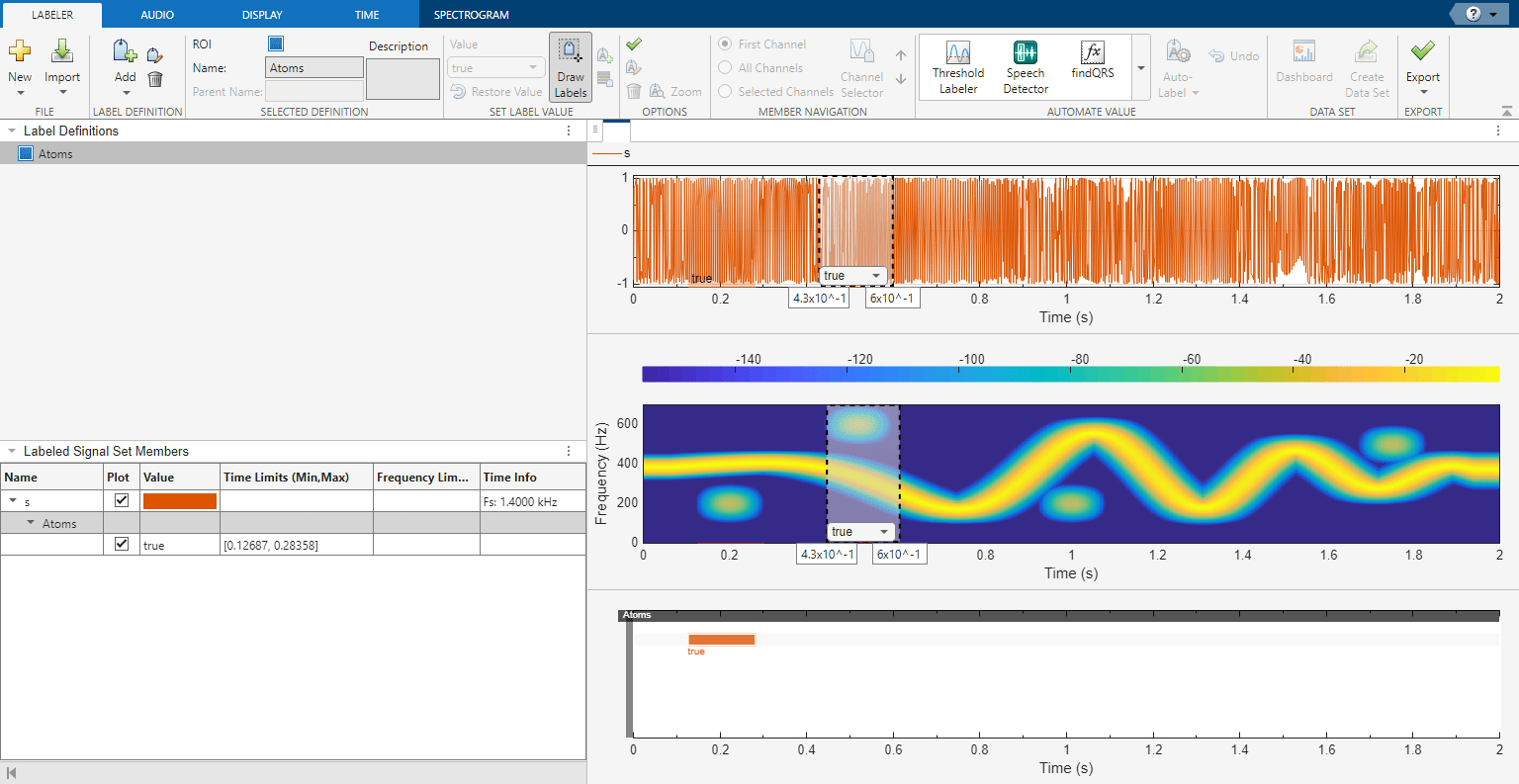 Signal Labeler app showing ROI labeling to the second atom of the signal.