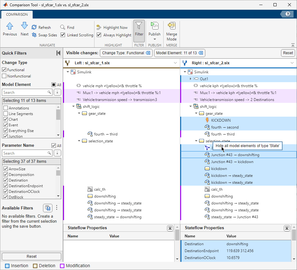 Compare and Merge Simulink Models Containing Stateflow