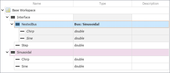 Type Editor with bus object hierarchy in base workspace