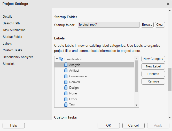 Labels section in the Project Settings dialog box lists the labels defined in this project with one label selected on the left and the New Category, New Label, Rename, and Remove buttons on the right.