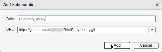 Add Submodule dialog box with Path and URL text fields, and Add and Cancel below