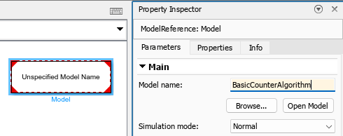 Model block selected and Property Inspector with Model name set to BasicCounterAlgorithm