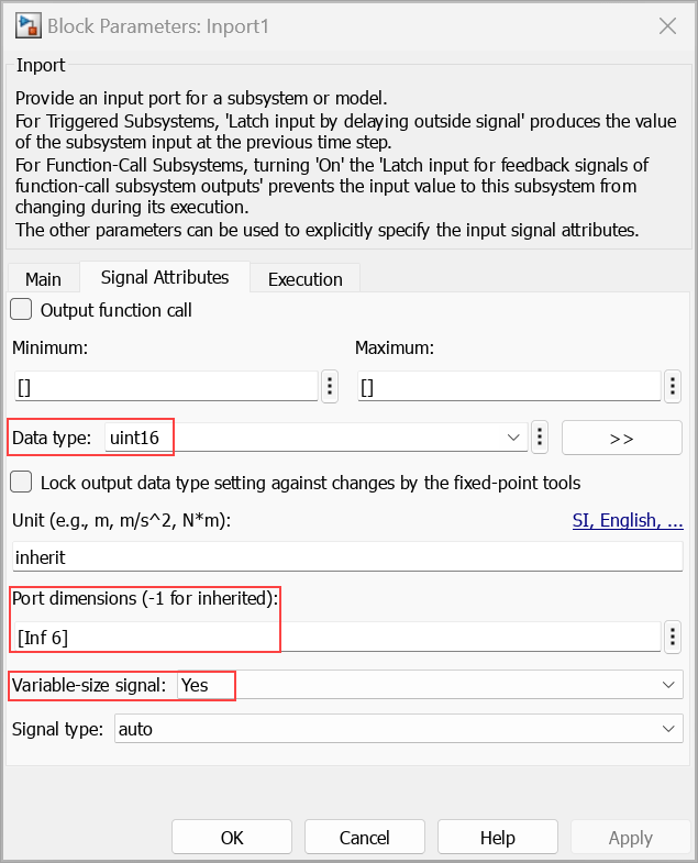 The block parameters dialog box shows signal attributes for the unbounded variable-size signals.
