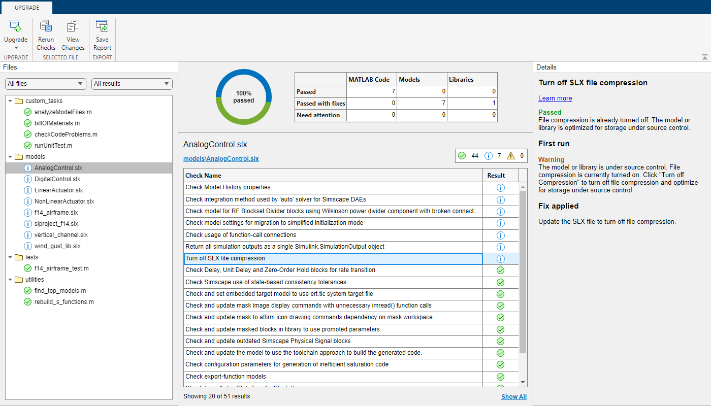 Upgrade Project tool shows a summary of the checks status in the center, the Files pane on the left and the Details pane on the right.