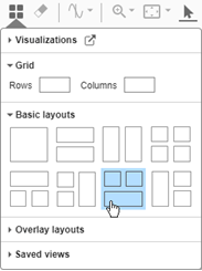 The Basic layouts section of the Visualizations and layouts menu is expanded to show the layout with two subplots on top of a third subplot.