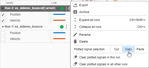The run actions menu with Copy selected