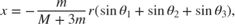 $$ x = - \frac{m}{{M + 3m}}r(\sin \theta _1 + \sin \theta _2 + \sin \theta _3 ), $$