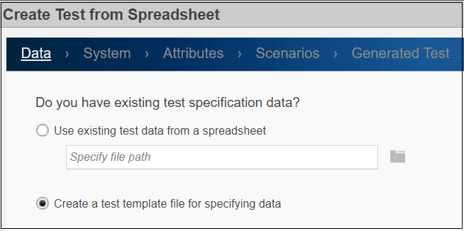 Data page of Create Test from Spreadsheet wizard