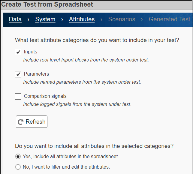 Attributes page from Create Test from Spreadsheet wizard