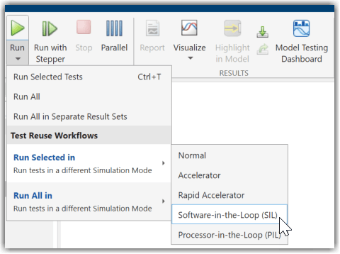 Mouse pointing to Software-in-the-Loop (SIL) option in Test Manager