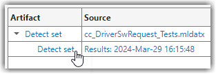 Mouse pointing to Detect set test in Artifact column of Metric Details table