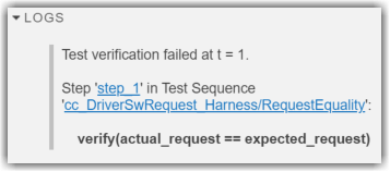 Test Manager logs showing that test verification failed