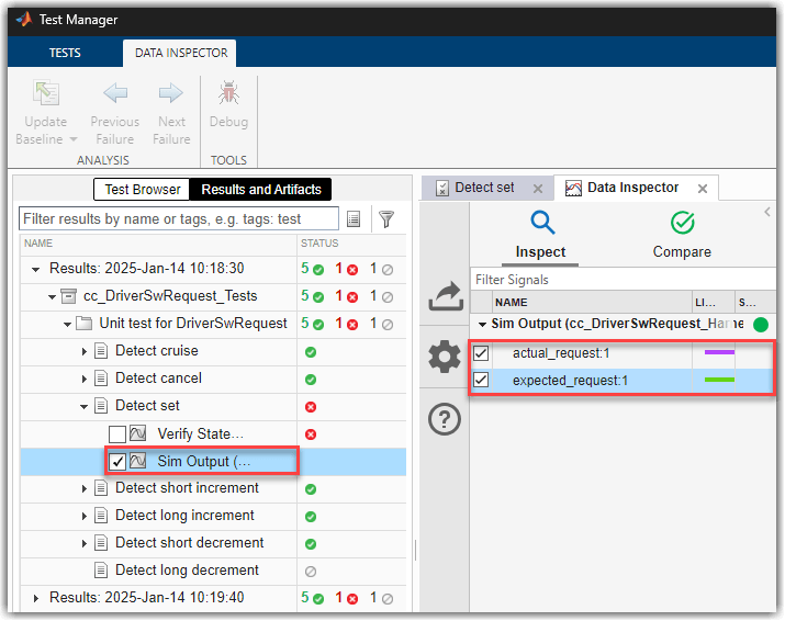 Graphic showing Sim Output selected in the Results and Artifacts tab and actual_request and expected_request selected in the Data Inspector tab