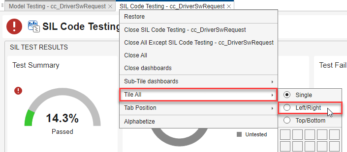 SIL Code Testing dashboard tab with mouse pointing to the Left/Right tiling option