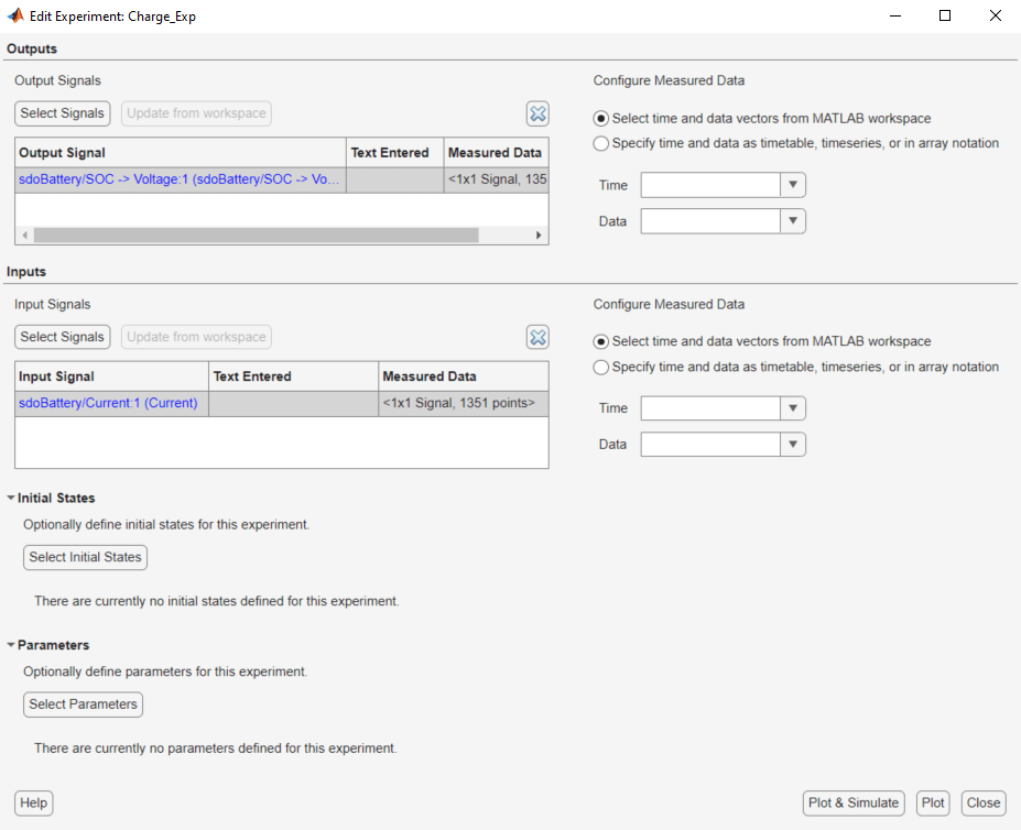Edit Experiment: Charge_Exp dialog box containing the Outputs, Inputs, Initial States, and Parameters sections from top to bottom