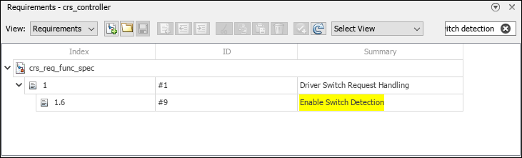 The Requirements Browser shows only the requirement that has the summary Enable Switch Detection, with the summary highlighted in yellow, and its parent requirement.
