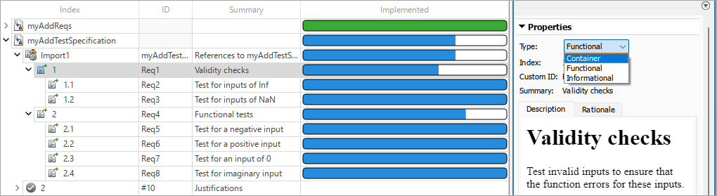 In the Requirements Editor, requirement 1 in myAddTestSpecification is selected. In the right pane, under Properties, the Container menu item is selected in the Type menu.