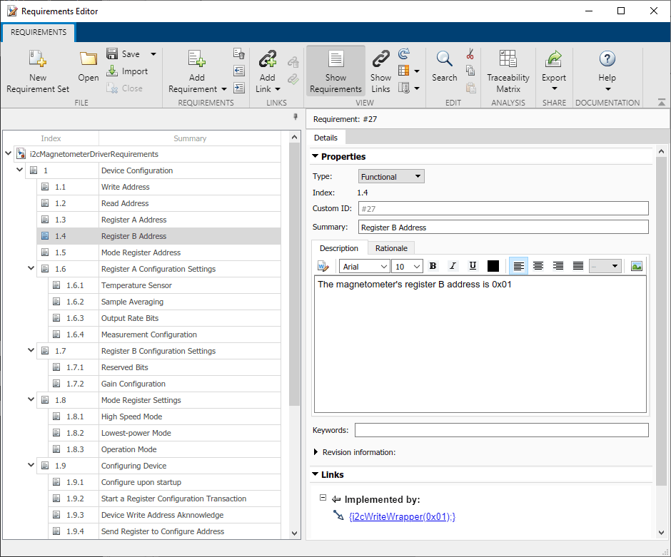 The requirements set for the microcontroller driver. It contains two columns named Index and Summary. A requirement named Register B Address is selected.