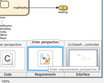 The Show Perspectives views user interface, which includes a button named Requirements.