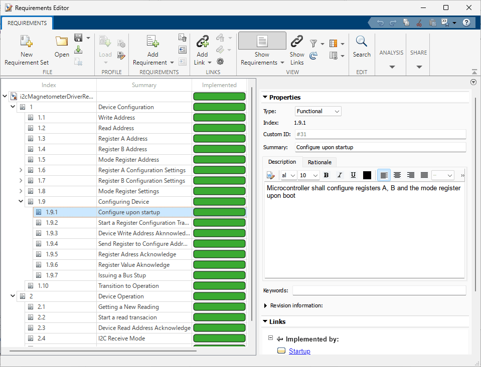 The requirements set for the microcontroller driver. It contains three columns named, in order from left to right, Index, Summary, and Implemented. The Implemented column shows that the model incorporates every requirement in the set. Additionally, a requirement named 'Configure upon startup' is selected. The Links section shows that the requirement is implemented by a state named Startup in the Driver chart.