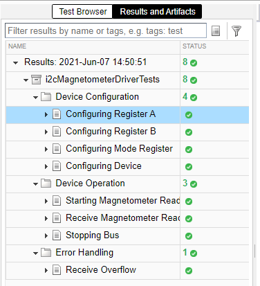 The results of the test suite named i2cMagnetometerDriverTests. Every test passes.