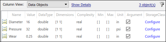 Contents of the model workspace in Model Explorer showing the Simulink parameters with the Argument check boxes selected
